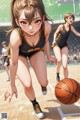 A girl in a cheerleading uniform dribbling a basketball on a court.