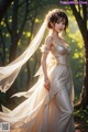 A woman in a wedding dress standing in the woods.