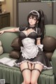 A woman in a maid outfit sitting on a couch.