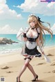 A woman in a maid outfit walking on a beach.