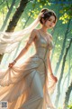 A woman in a wedding dress standing in the woods.