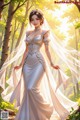 A woman in a wedding dress standing in the woods.