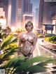 A nude woman in a bikini standing in the middle of a city.